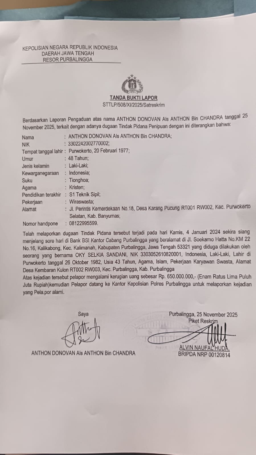 Warga Purwokerto Adukan Dugaan Penipuan Rp650 Juta ke Polres Purbalingga