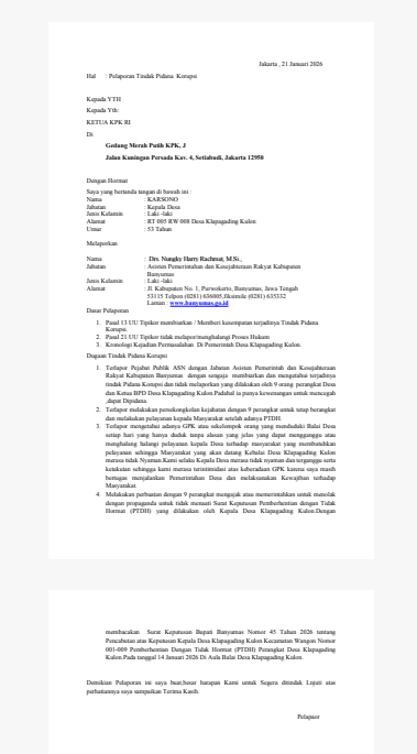 Konflik Desa di Banyumas Memanas, Kades Klapagading Kulon Laporkan Pejabat Pemkab ke KPK