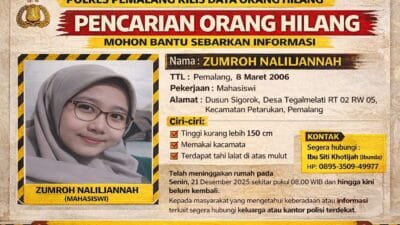 Anak Perempuan Status Mahasiswi Berdomisili di Petarukan Pemalang Dilaporkan Hilang