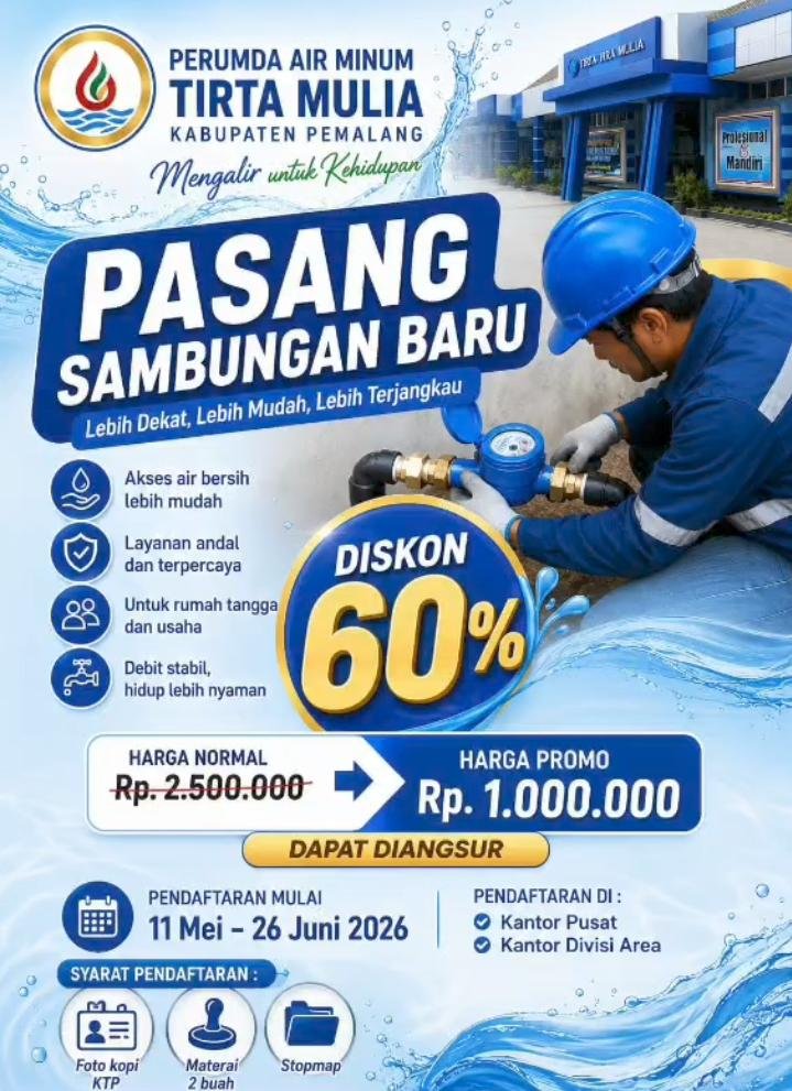Perumda Air Minum Tirta Mulia Kabupaten Pemalang Berikan Discount 60 % Pasang Sambungan Baru